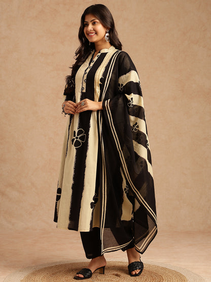 Black Tie And Dye A-Line Cotton Stitched Kurta Set