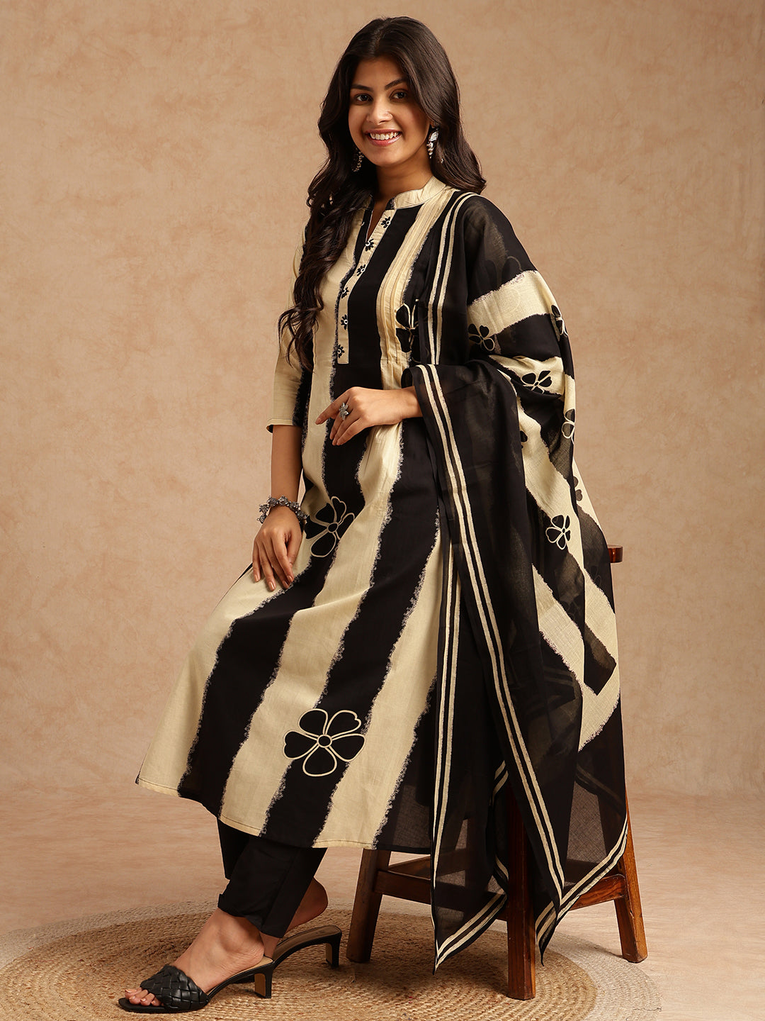 Black Tie And Dye A-Line Cotton Stitched Kurta Set