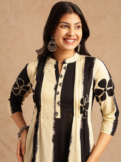 Black Tie And Dye A-Line Cotton Stitched Kurta Set