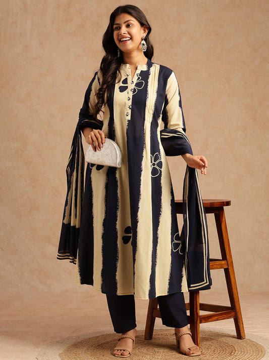 Blue Tie And Dye A-Line Cotton Stitched Kurta Set