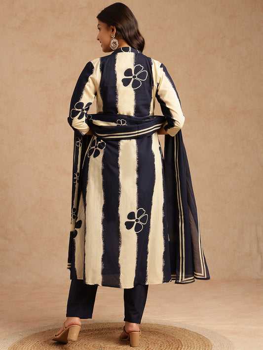 Blue Tie And Dye A-Line Cotton Stitched Kurta Set
