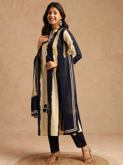 Blue Tie And Dye A-Line Cotton Stitched Kurta Set