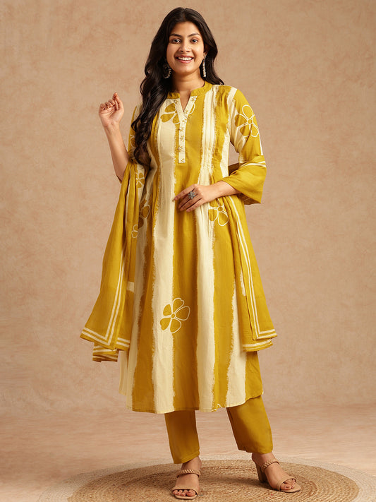 Yellow Tie And Dye A-Line Cotton Stitched Kurta Set