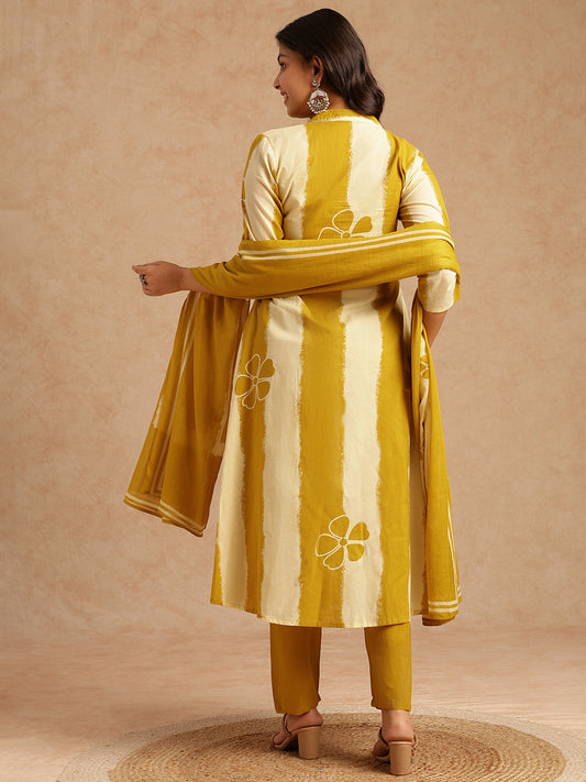 Yellow Tie And Dye A-Line Cotton Stitched Kurta Set