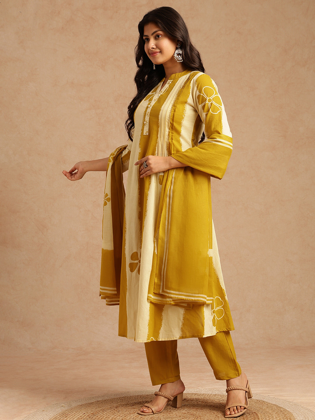 Yellow Tie And Dye A-Line Cotton Stitched Kurta Set
