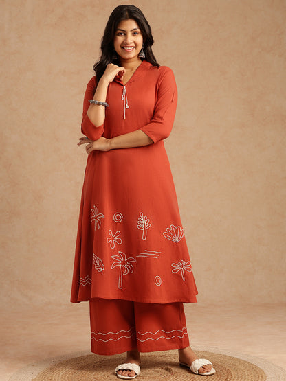Rust Red Embroidery A-Line Khadi Cotton Stitched Kurta Set