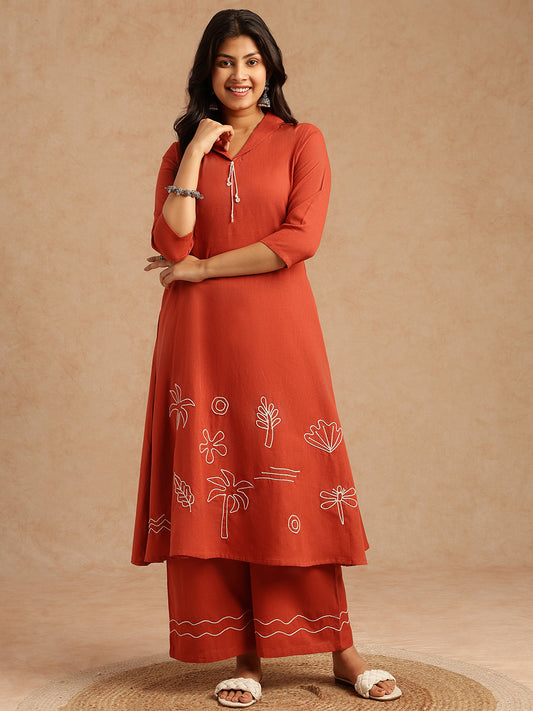 Rust Red Embroidery A-Line Khadi Cotton Stitched Kurta Set