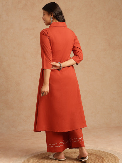 Rust Red Embroidery A-Line Khadi Cotton Stitched Kurta Set