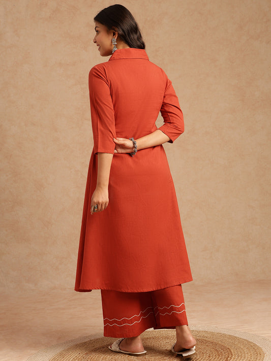 Rust Red Embroidery A-Line Khadi Cotton Stitched Kurta Set