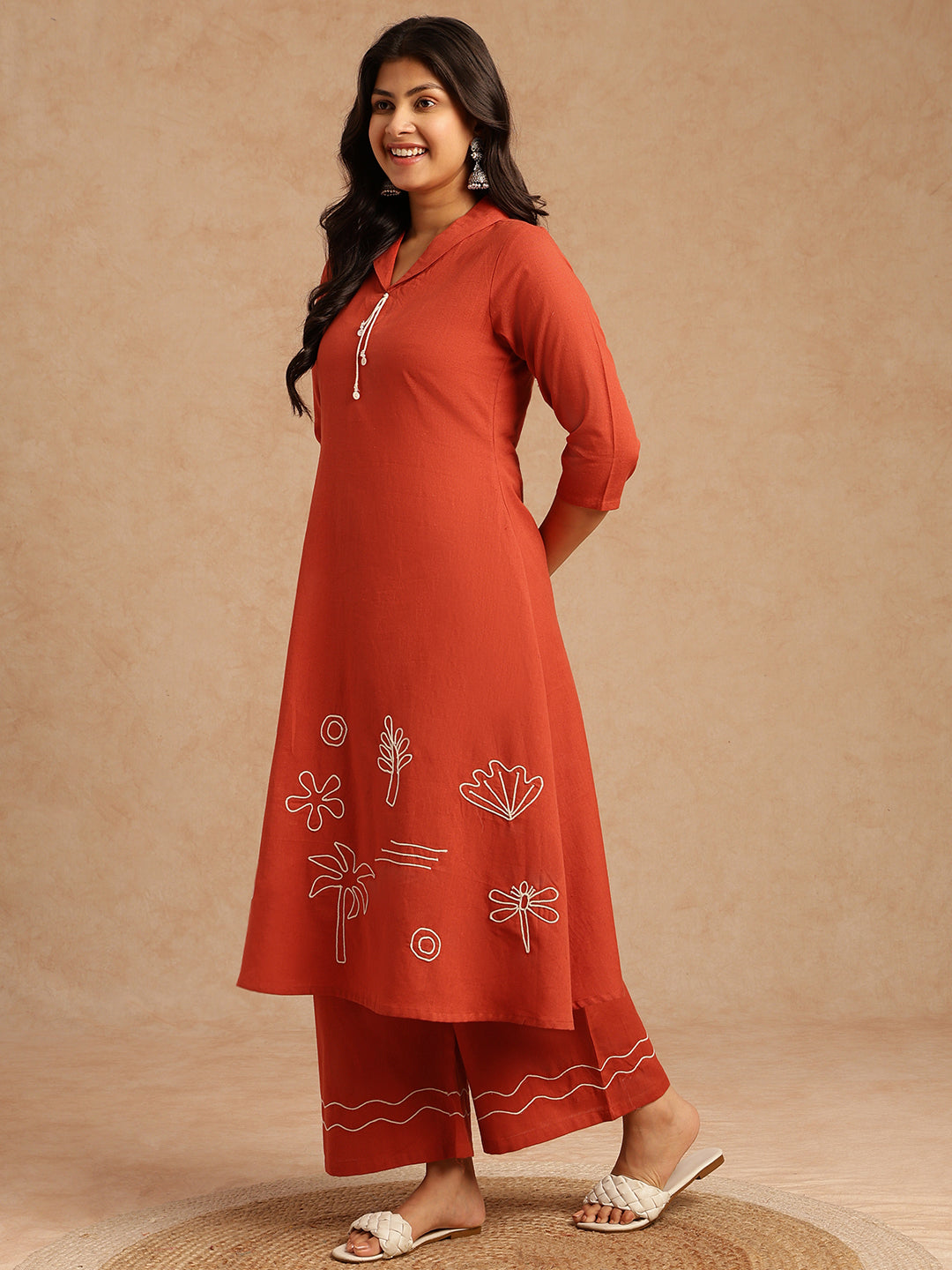 Rust Red Embroidery A-Line Khadi Cotton Stitched Kurta Set