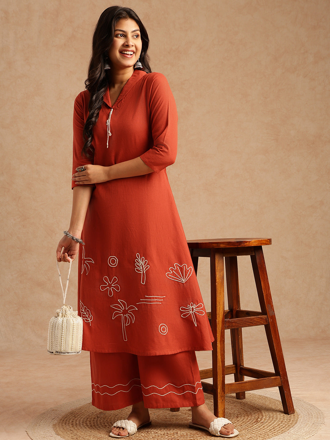 Rust Red Embroidery A-Line Khadi Cotton Stitched Kurta Set