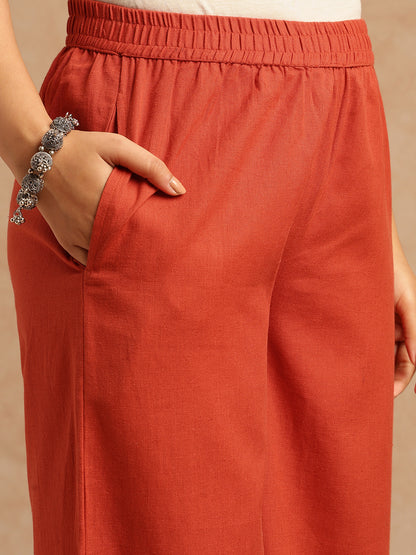 Rust Red Embroidery A-Line Khadi Cotton Stitched Kurta Set