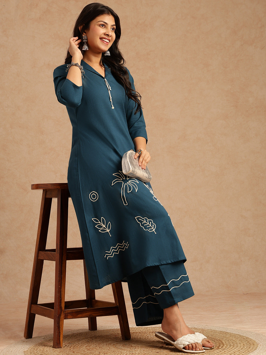 Dark Teal Embroidery A-Line Khadi Cotton Stitched Kurta Set