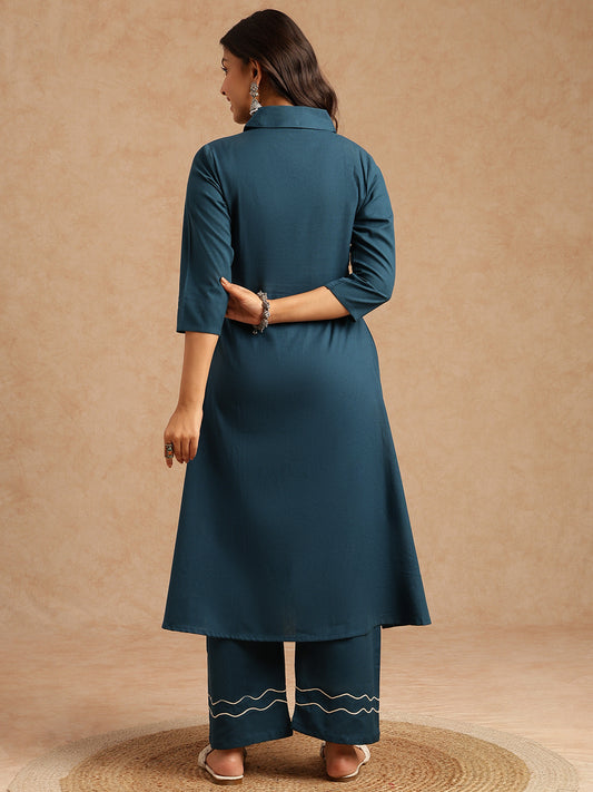 Dark Teal Embroidery A-Line Khadi Cotton Stitched Kurta Set