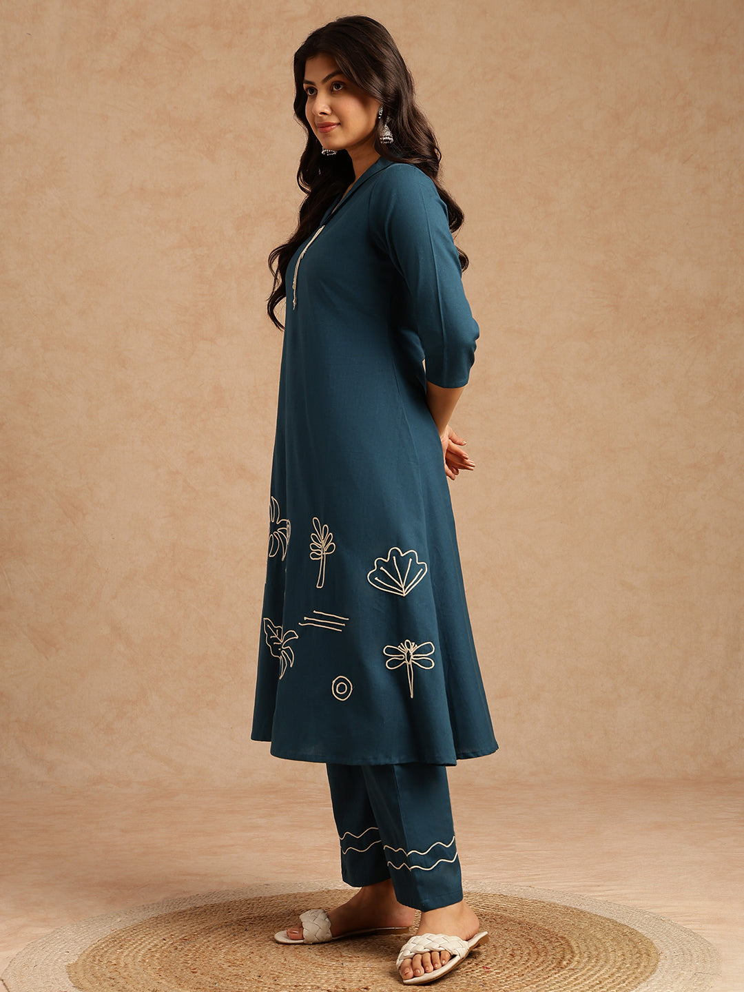 Dark Teal Embroidery A-Line Khadi Cotton Stitched Kurta Set