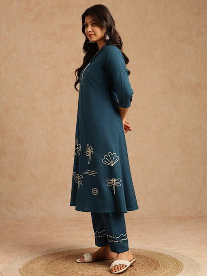 Dark Teal Embroidery A-Line Khadi Cotton Stitched Kurta Set