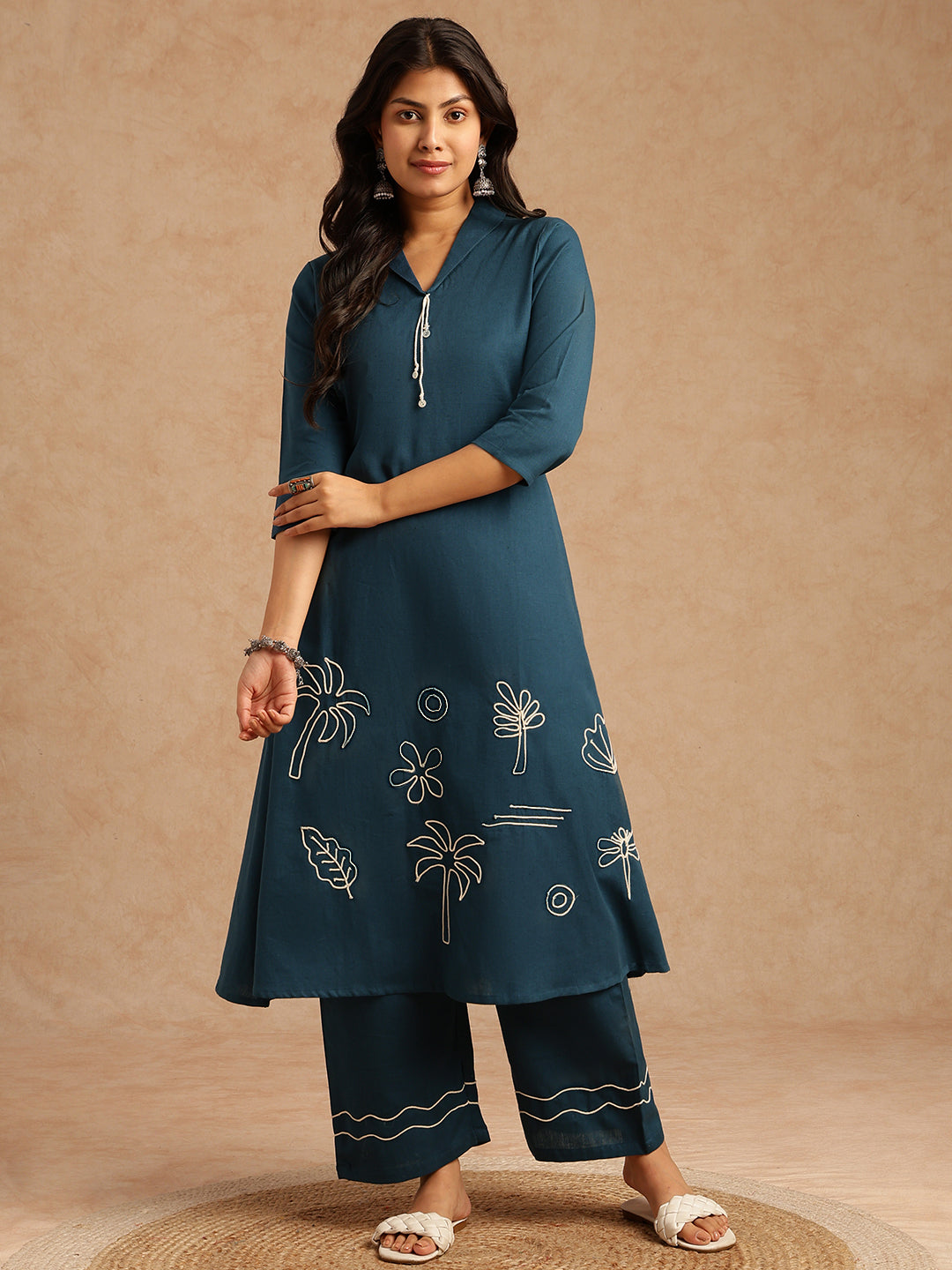 Dark Teal Embroidery A-Line Khadi Cotton Stitched Kurta Set