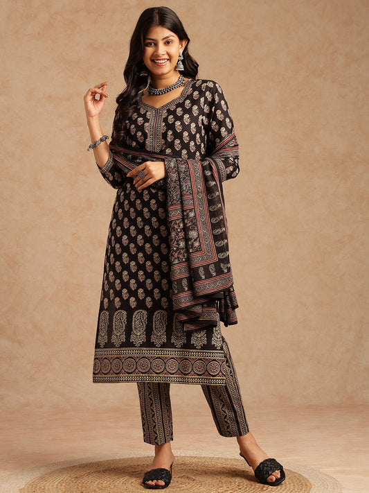 Black Floral Print Straight Cotton Stitched Kurta Set