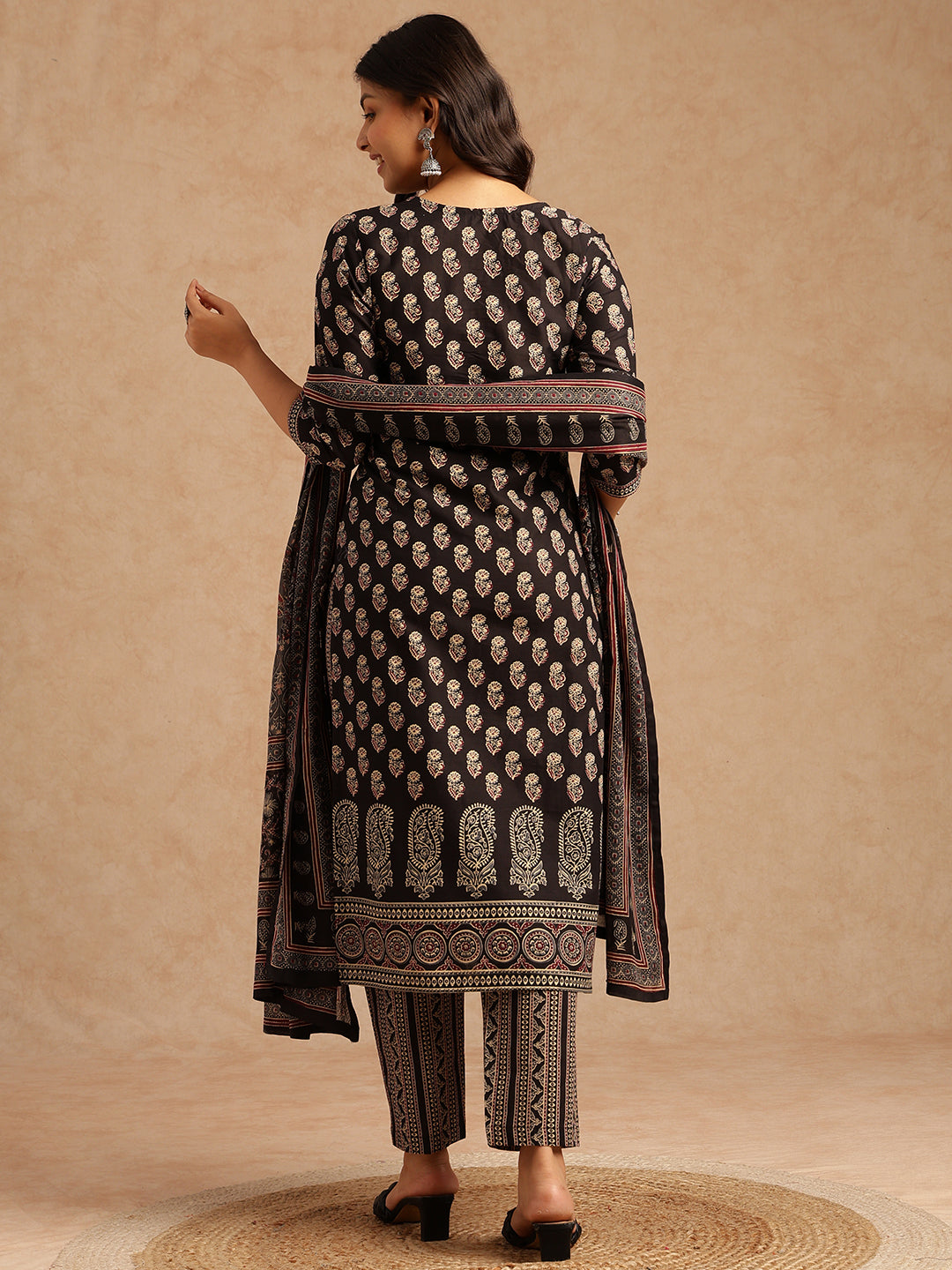 Black Floral Print Straight Cotton Stitched Kurta Set