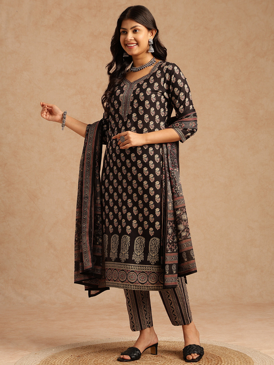 Black Floral Print Straight Cotton Stitched Kurta Set