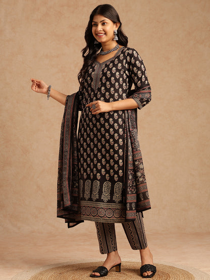 Black Floral Print Straight Cotton Stitched Kurta Set