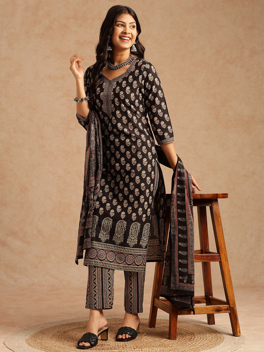 Black Floral Print Straight Cotton Stitched Kurta Set