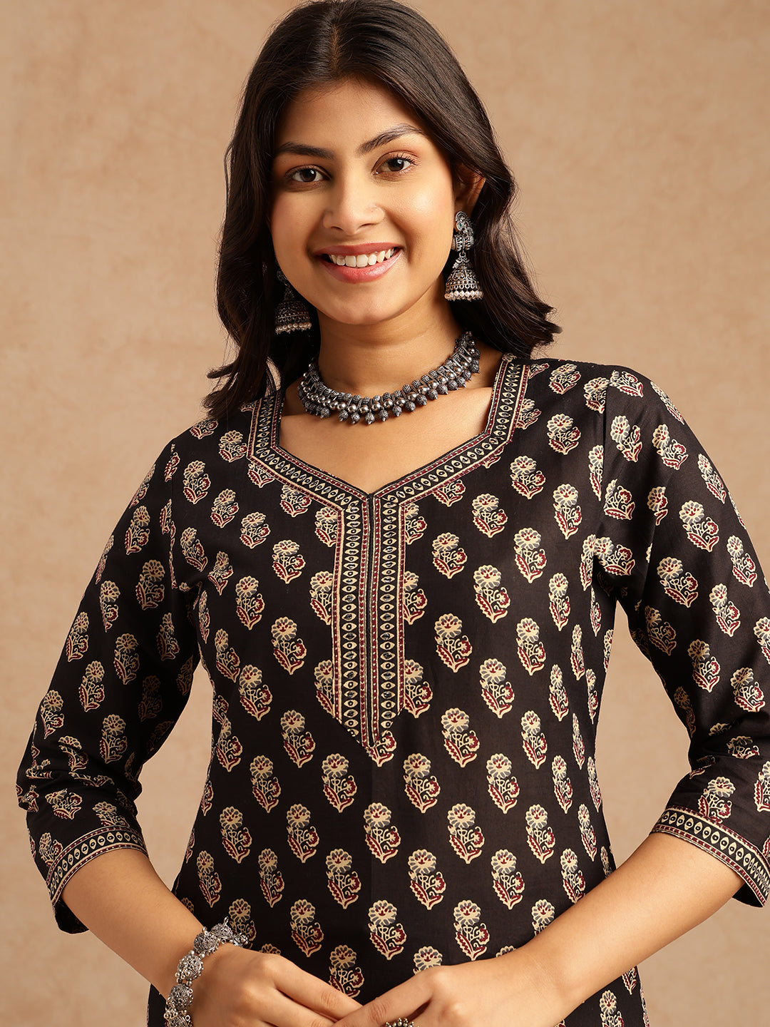 Black Floral Print Straight Cotton Stitched Kurta Set