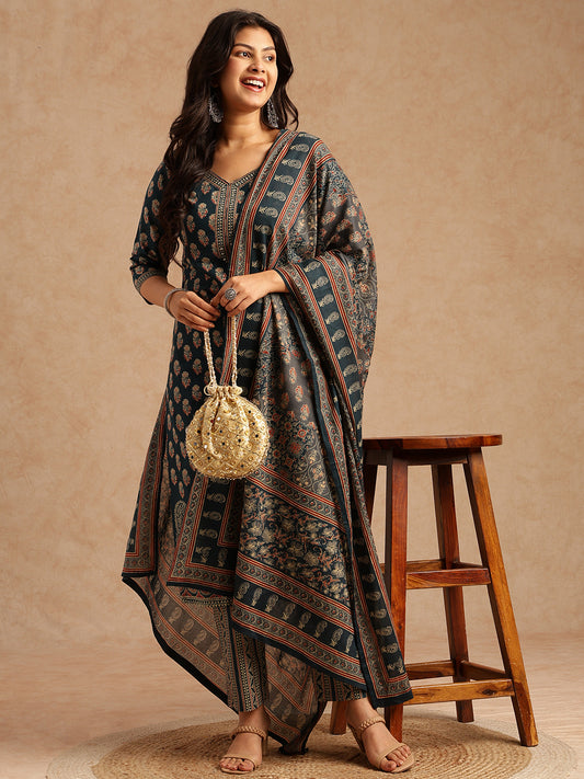 Teal Floral Print Straight Cotton Stitched Kurta Set