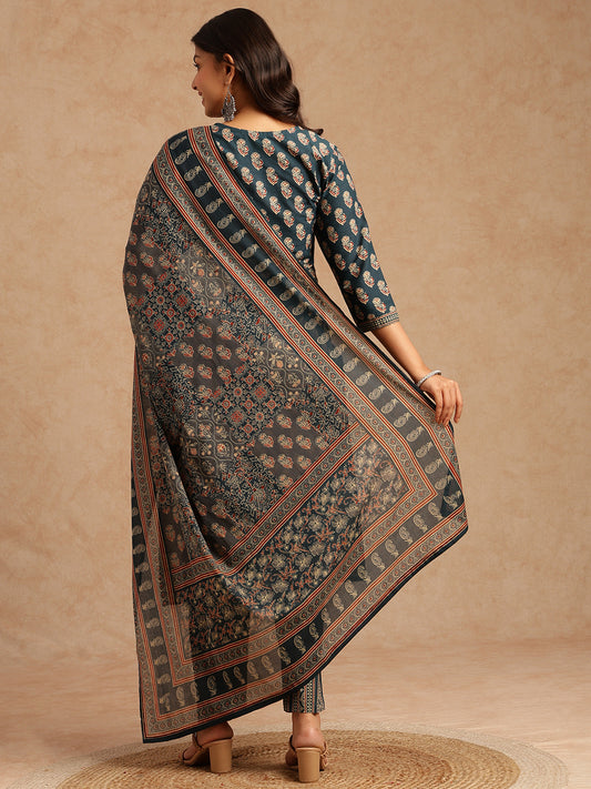 Teal Floral Print Straight Cotton Stitched Kurta Set