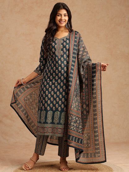 Teal Floral Print Straight Cotton Stitched Kurta Set