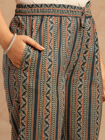 Teal Floral Print Straight Cotton Stitched Kurta Set