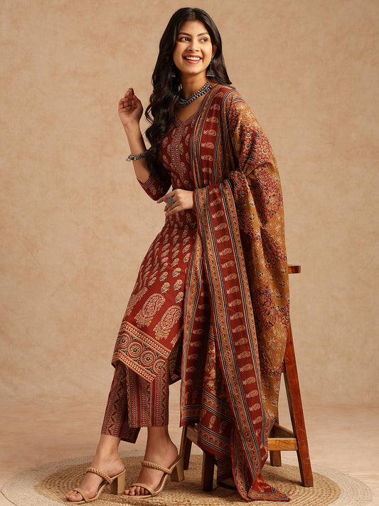Maroon Floral Print Straight Cotton Stitched Kurta Set