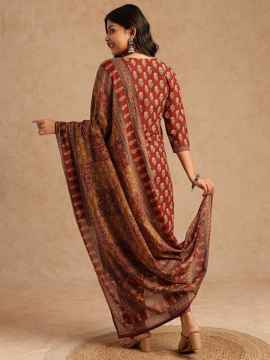 Maroon Floral Print Straight Cotton Stitched Kurta Set