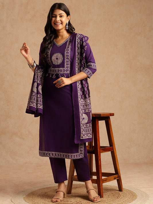 Violet Bandhani Print Straight Cotton Stitched Kurta Set
