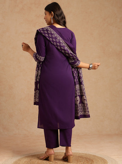 Violet Bandhani Print Straight Cotton Stitched Kurta Set