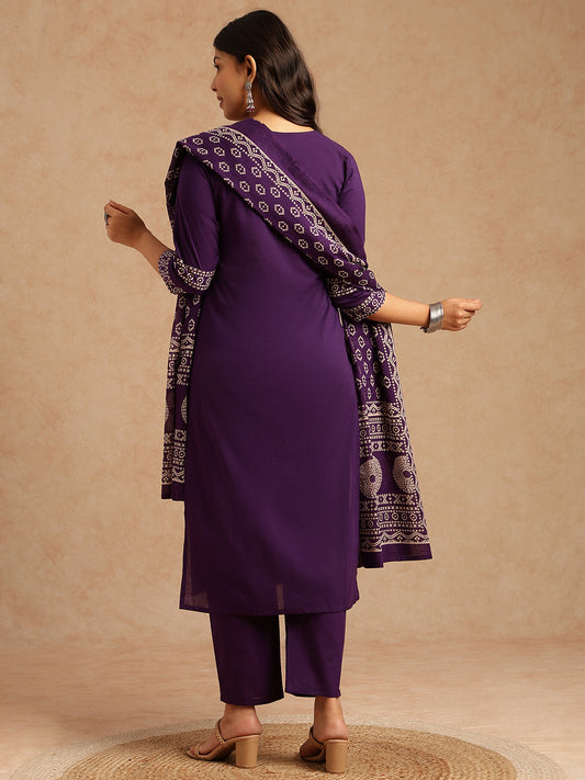 Violet Bandhani Print Straight Cotton Stitched Kurta Set