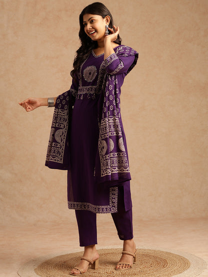 Violet Bandhani Print Straight Cotton Stitched Kurta Set