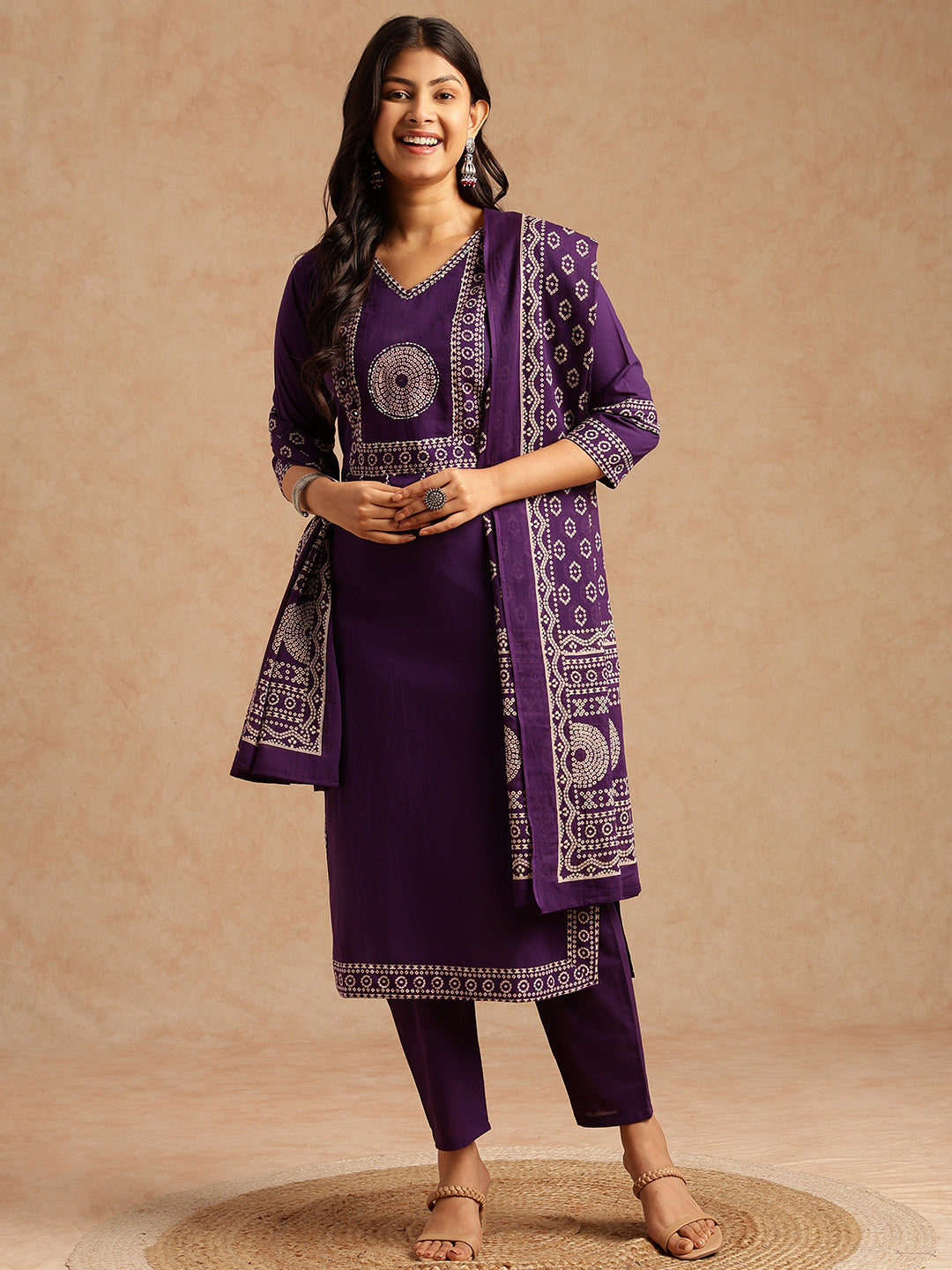 Violet Bandhani Print Straight Cotton Stitched Kurta Set