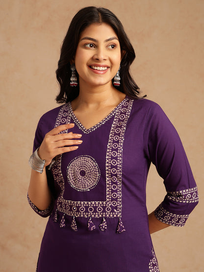 Violet Bandhani Print Straight Cotton Stitched Kurta Set