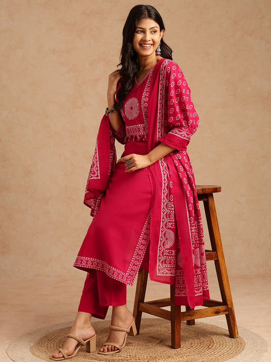 Pink Bandhani Print Straight Cotton Stitched Kurta Set