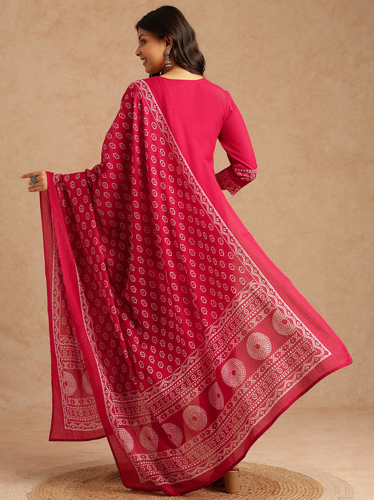 Pink Bandhani Print Straight Cotton Stitched Kurta Set