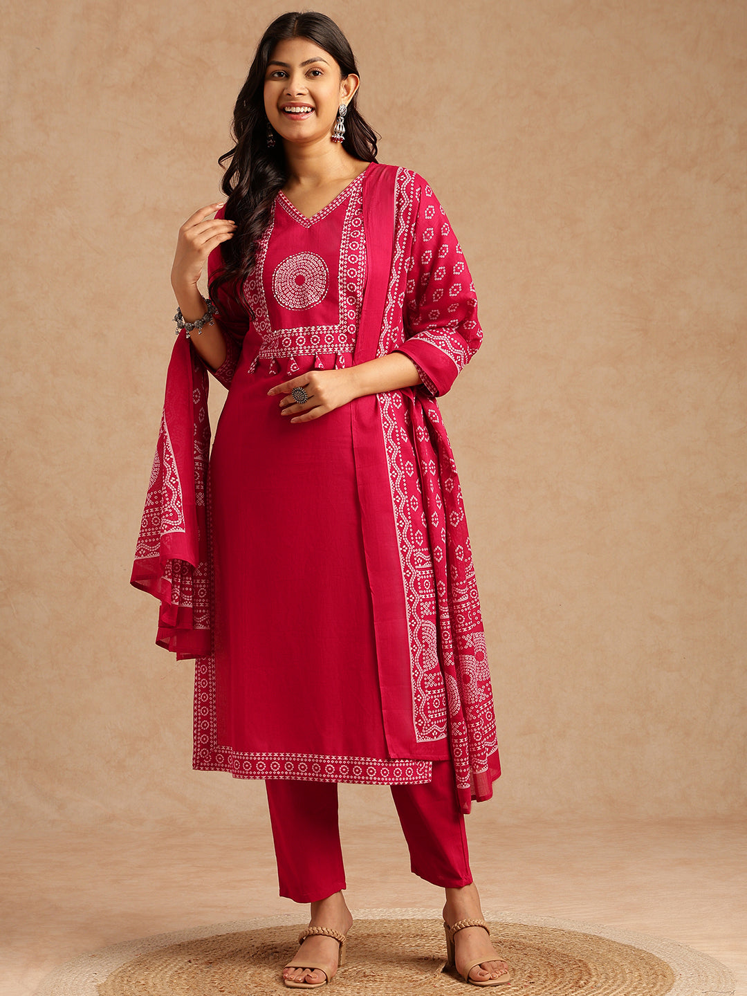 Pink Bandhani Print Straight Cotton Stitched Kurta Set