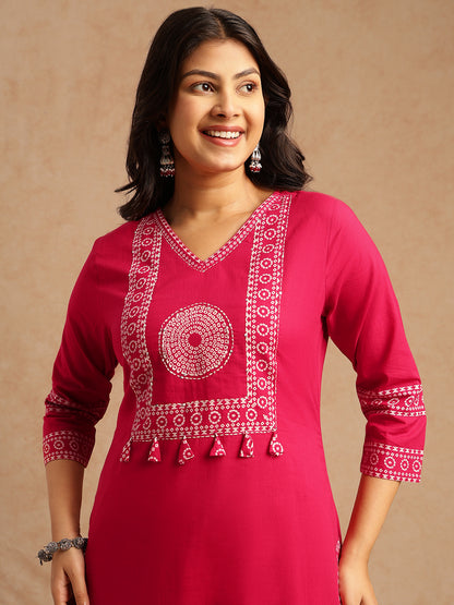 Pink Bandhani Print Straight Cotton Stitched Kurta Set