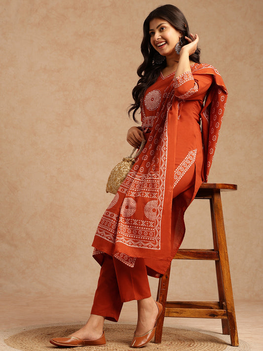 Orange Bandhani Print Straight Cotton Stitched Kurta Set