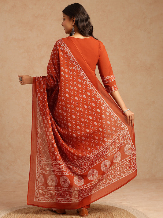Orange Bandhani Print Straight Cotton Stitched Kurta Set