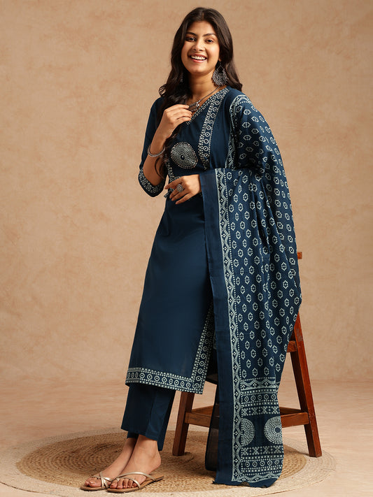 Blue Bandhani Print Straight Cotton Stitched Kurta Set