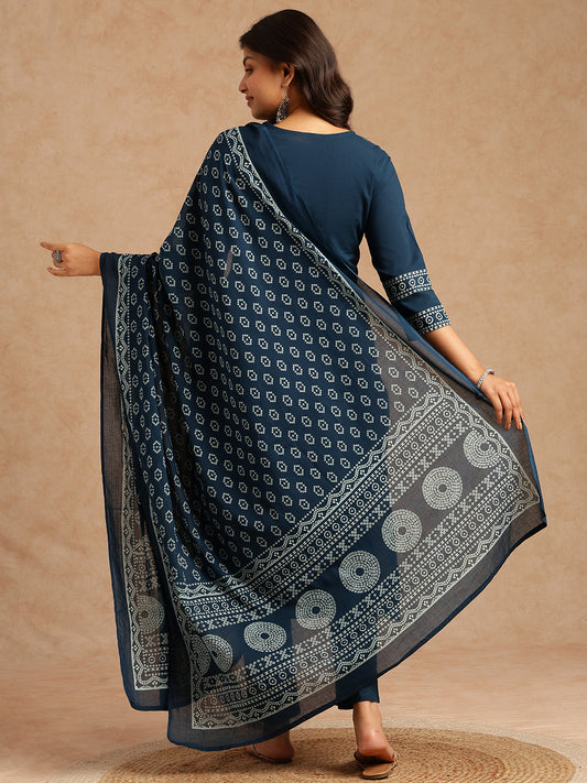 Blue Bandhani Print Straight Cotton Stitched Kurta Set