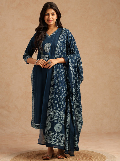Blue Bandhani Print Straight Cotton Stitched Kurta Set
