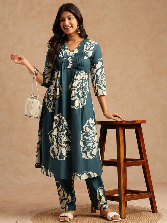 Teal Floral Print A-Line Cotton Stitched Kurta Set