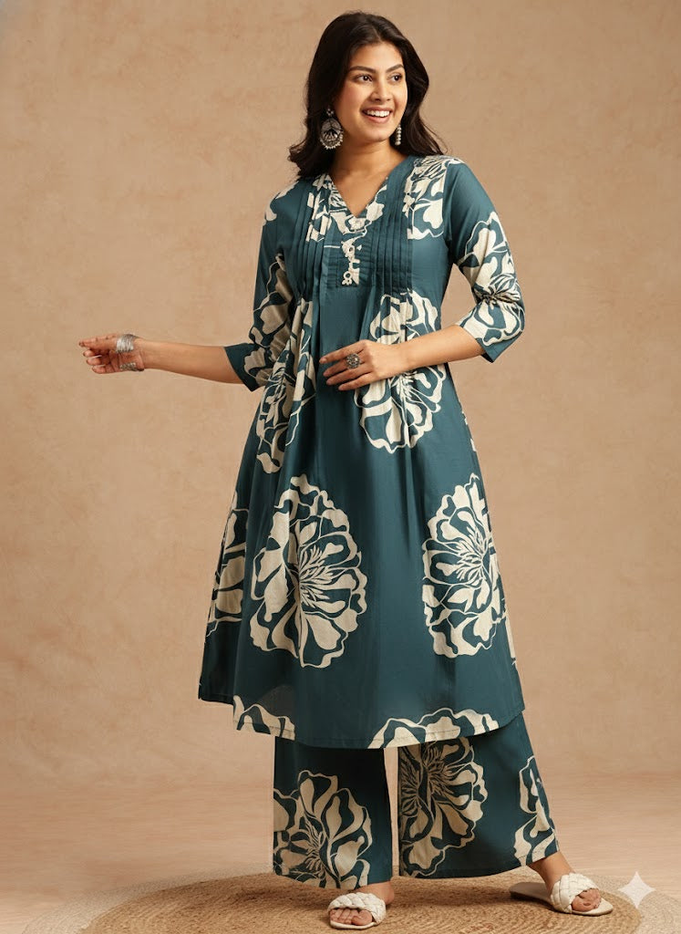 Teal Floral Print A-Line Cotton Stitched Kurta Set